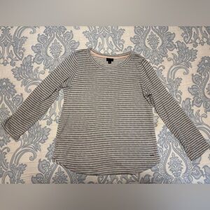 Tahari Gray and White Striped Lightweight Sweater